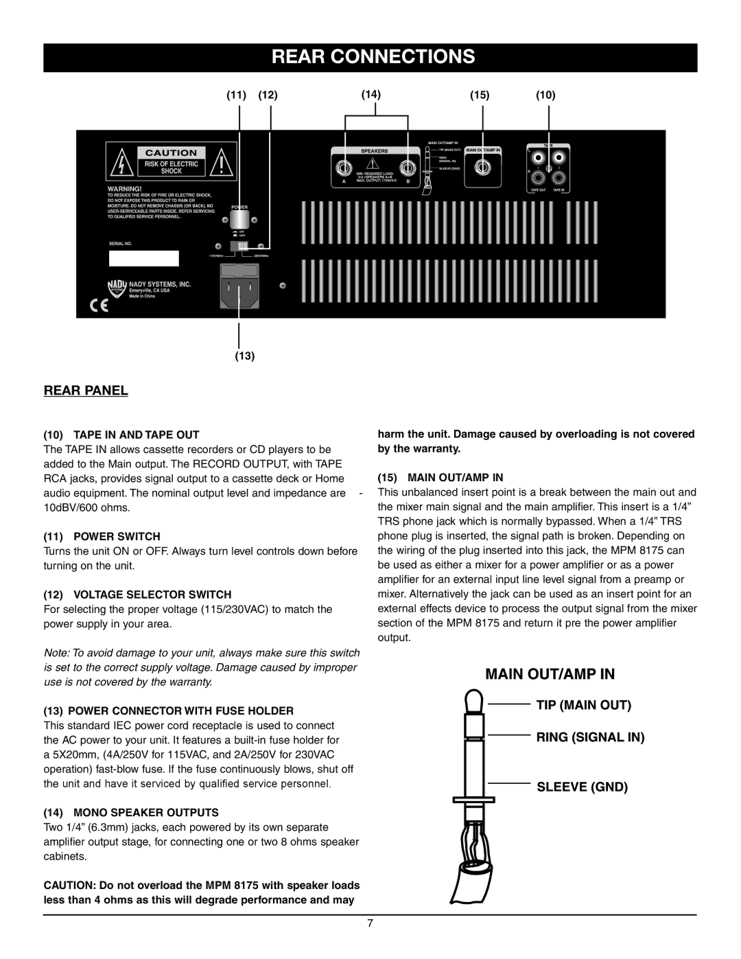 Nady Systems MPM 8175 owner manual Rear Connections, Rear Panel 