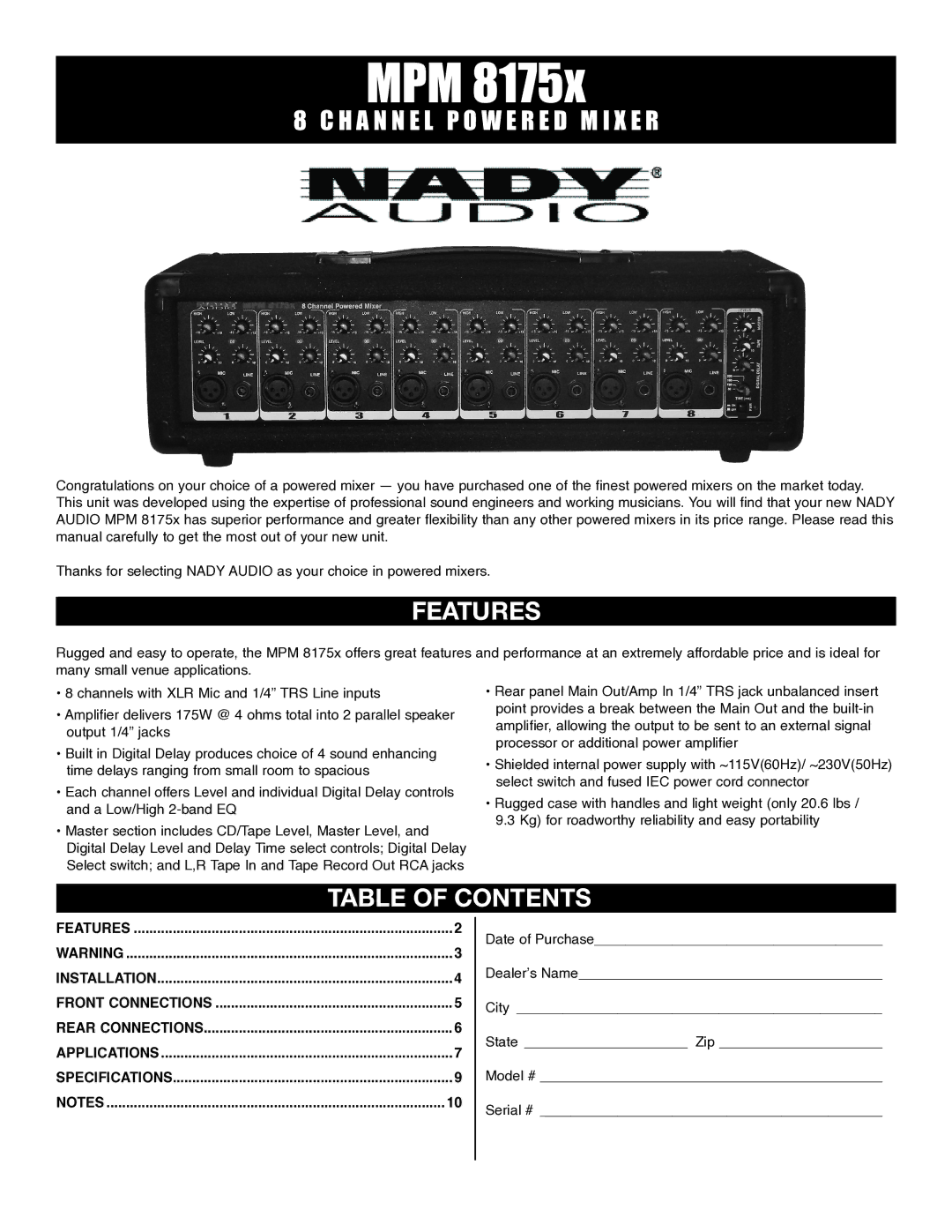 Nady Systems MPM 8175x owner manual Features, Table of Contents 