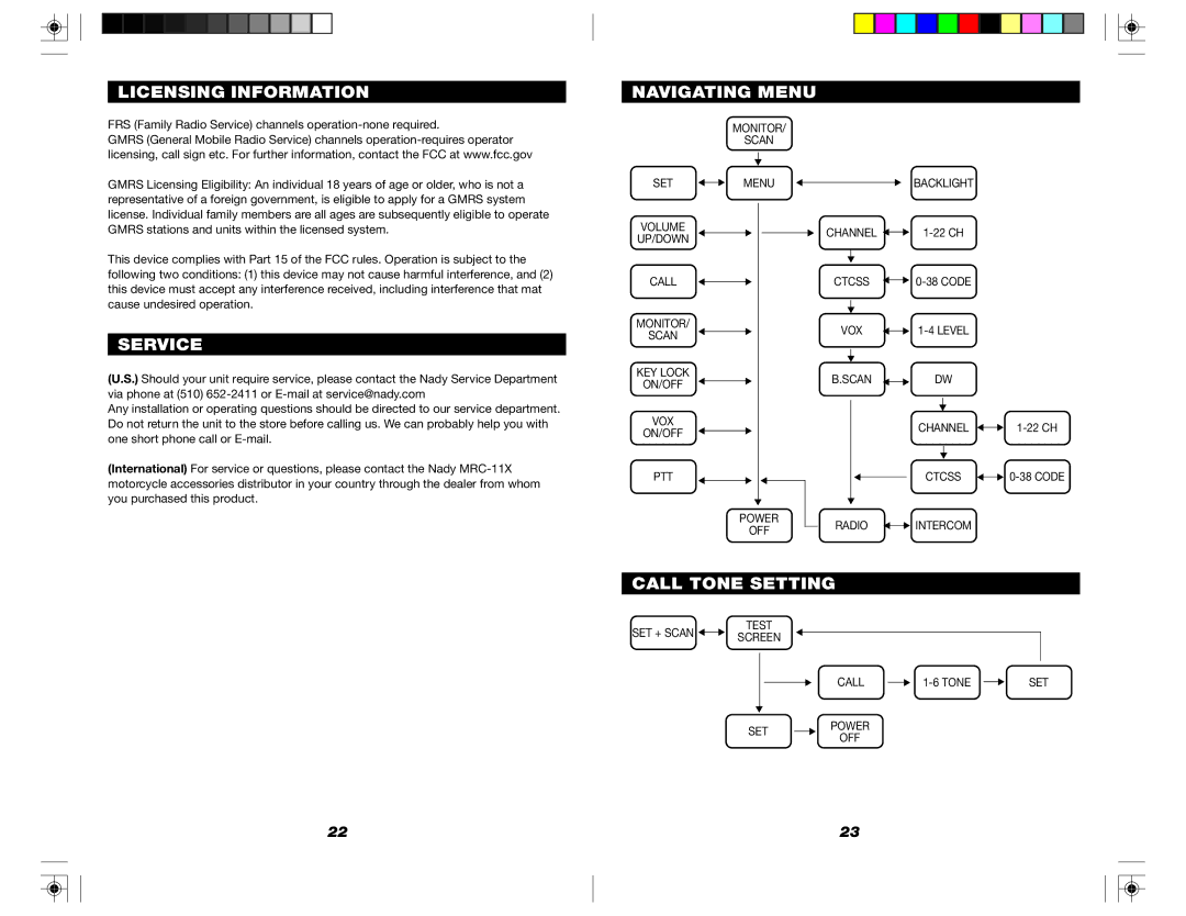 Nady Systems MRC-11X owner manual Licensing Information Navigating Menu, Service, Call Tone Setting 