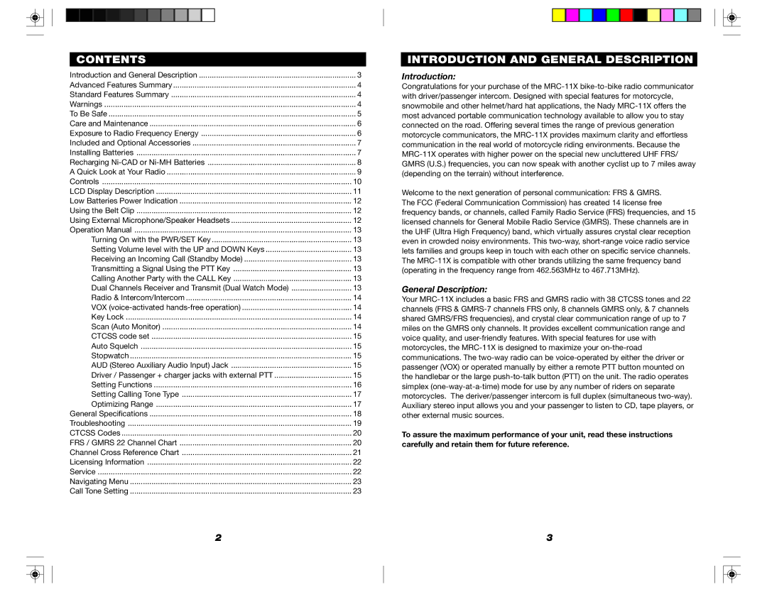 Nady Systems MRC-11X owner manual Contents, Introduction and General Description 