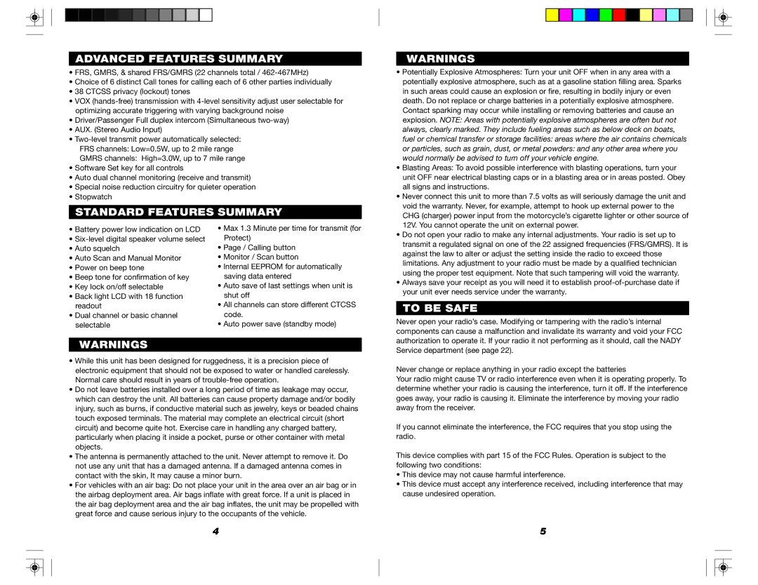 Nady Systems MRC-11X owner manual Advanced Features Summary, Standard Features Summary, To be Safe 