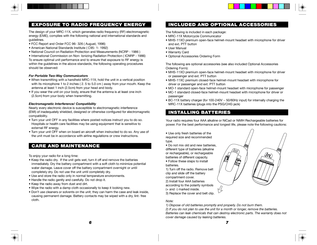 Nady Systems MRC-11X Exposure to Radio Frequency Energy, Care and Maintenance, Included and Optional Accessories 