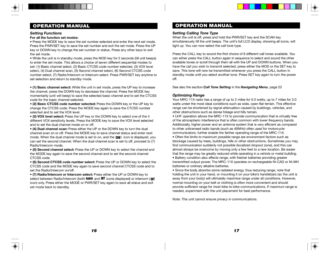 Nady Systems MRC-11X owner manual Setting Functions, Setting Calling Tone Type, Optimizing Range 