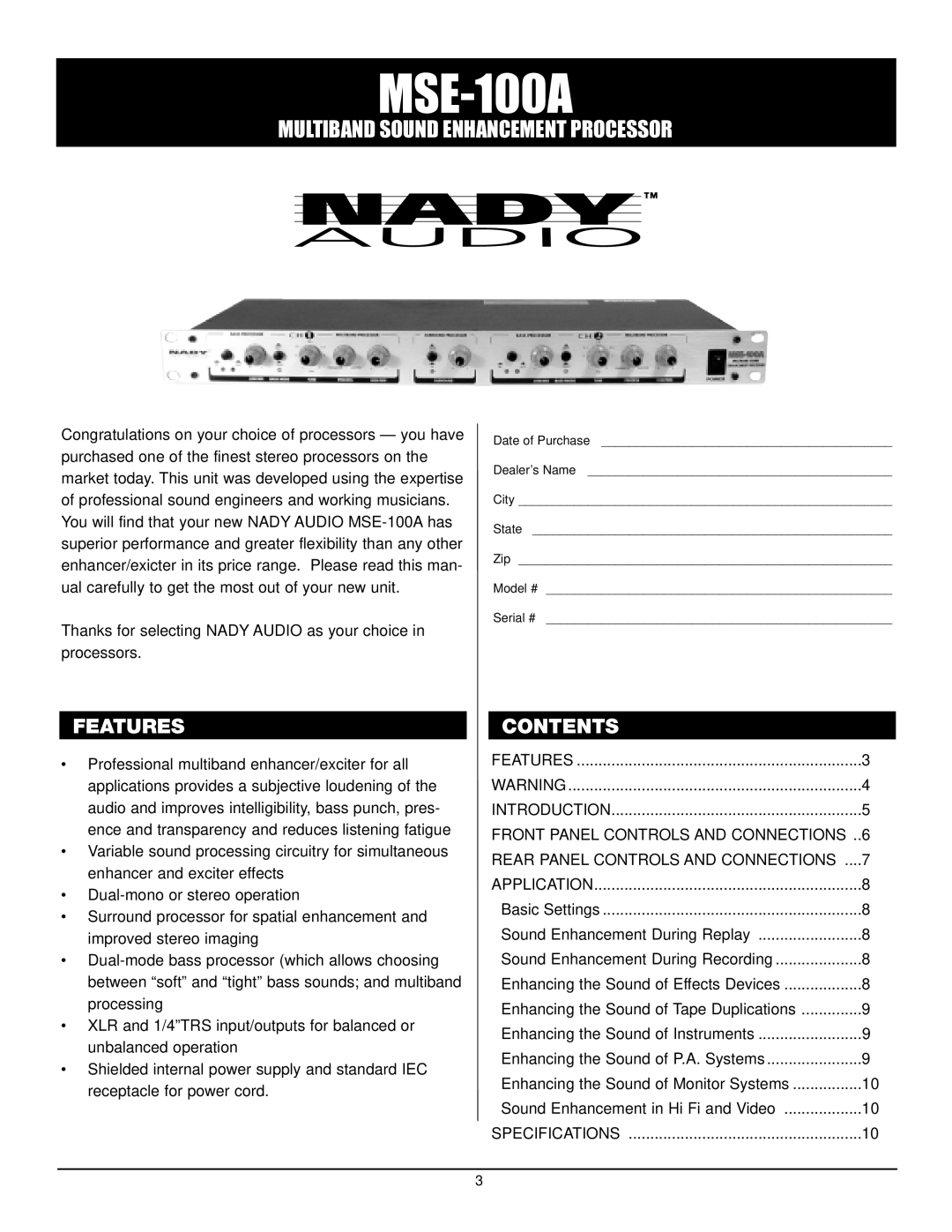 Nady Systems MSE-100A owner manual Features Contents 