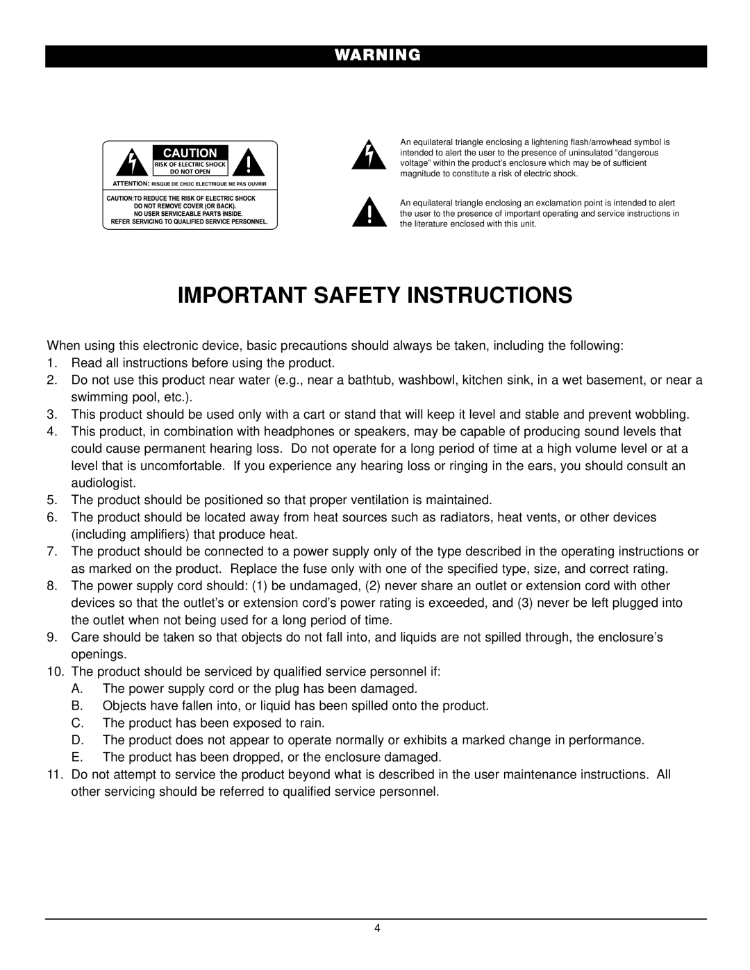 Nady Systems MSE-100A owner manual Important Safety Instructions 