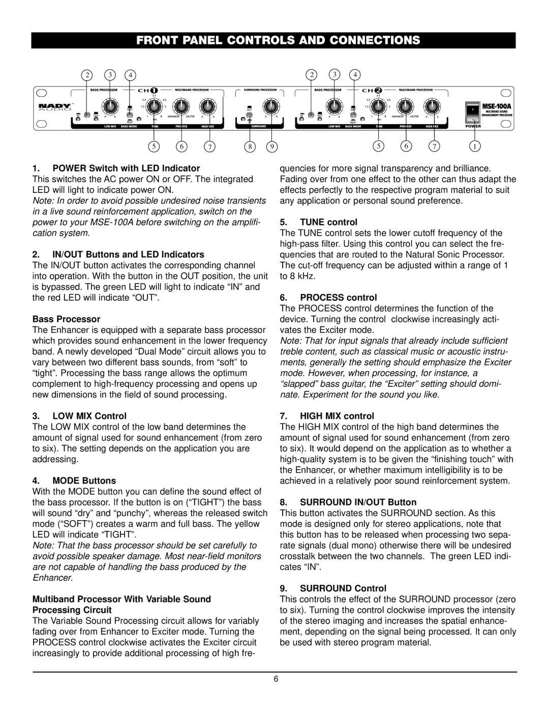 Nady Systems MSE-100A owner manual Front Panel Controls and Connections 