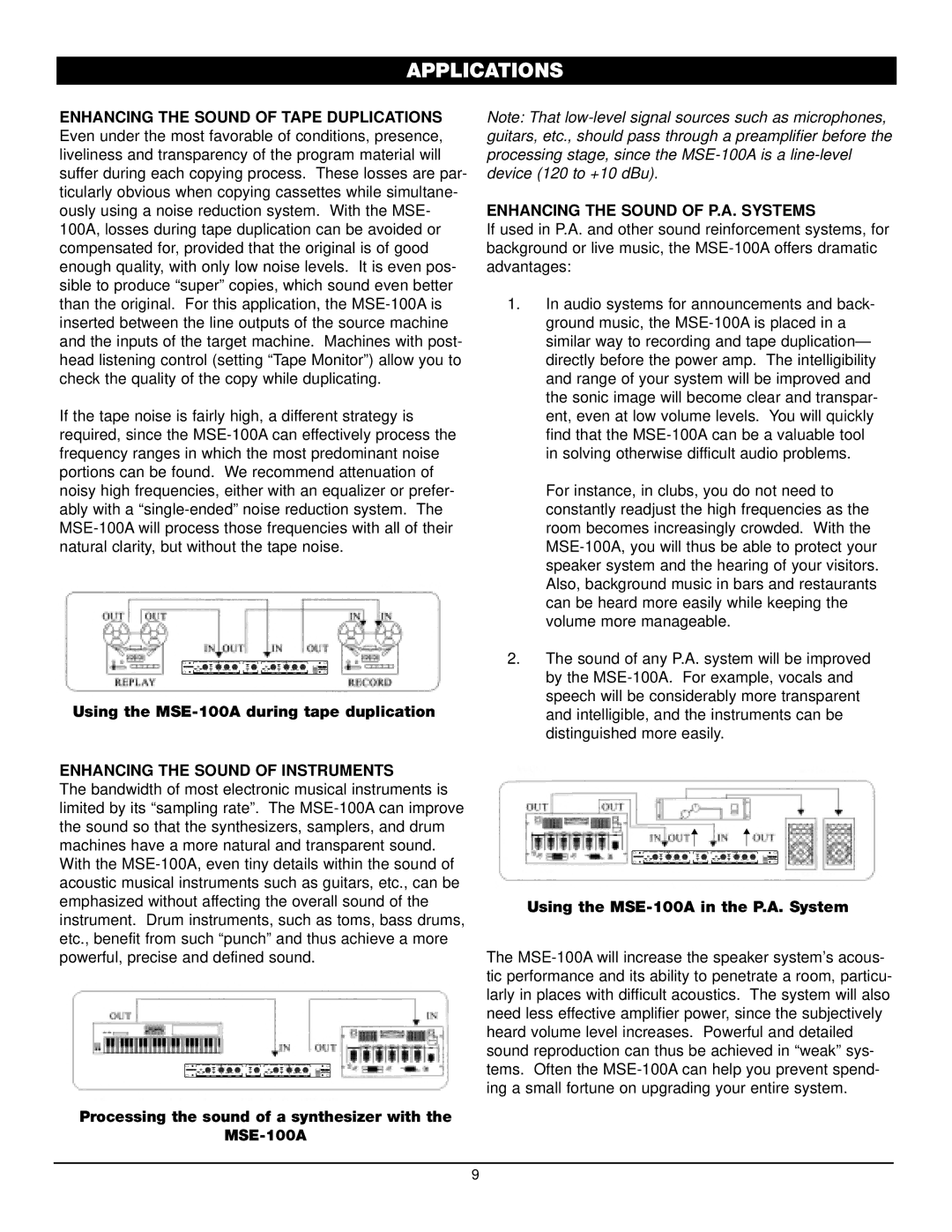 Nady Systems owner manual Using the MSE-100A during tape duplication, Enhancing the Sound of Instruments 