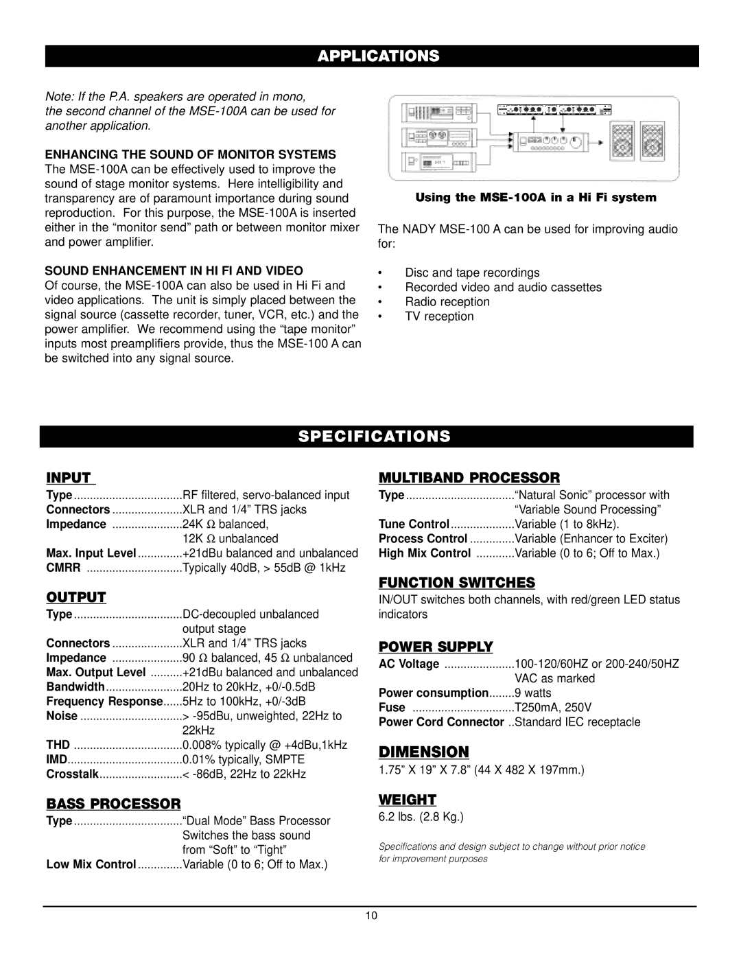 Nady Systems MSE-100A owner manual Specifications, Sound Enhancement in HI FI and Video 