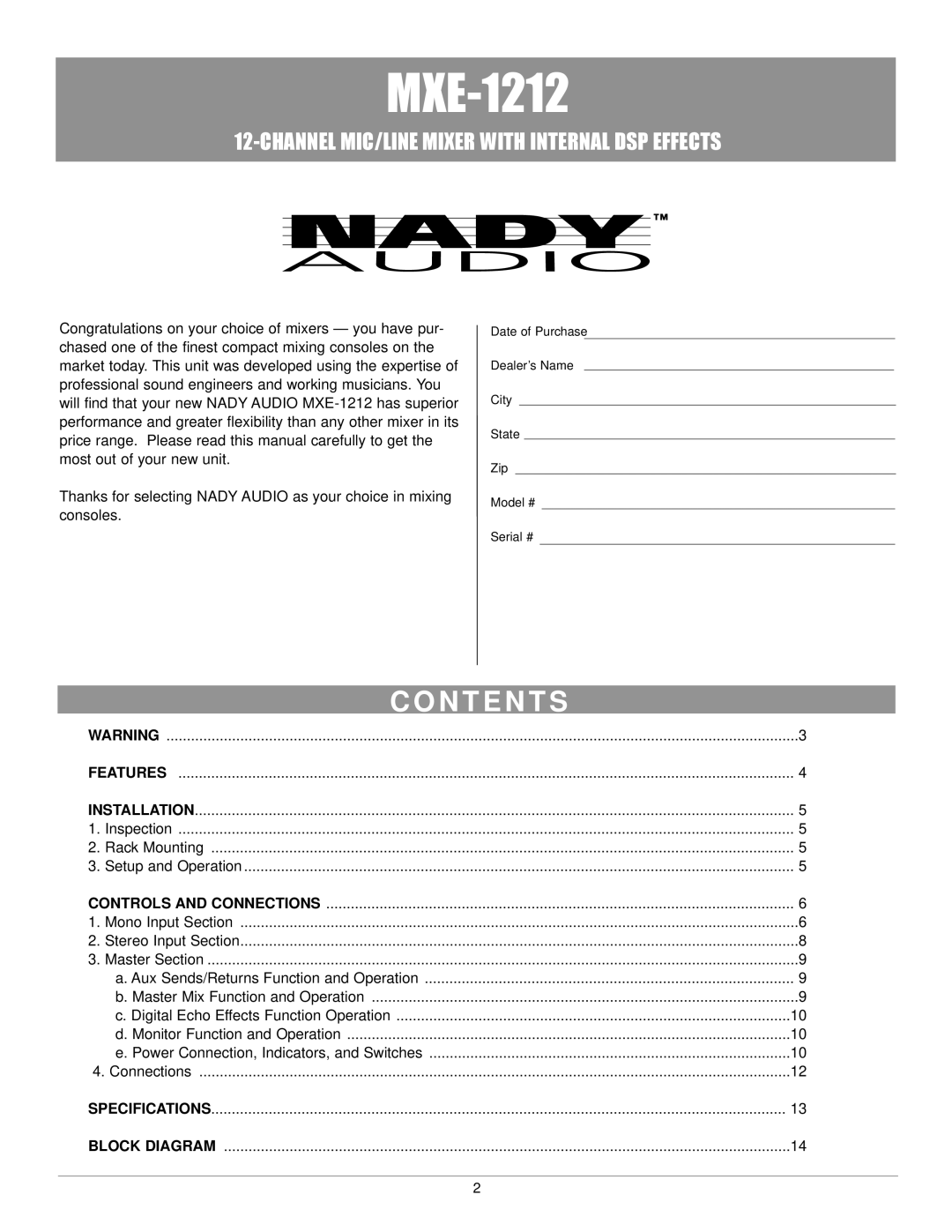 Nady Systems MXE-1212 owner manual N T E N T S 