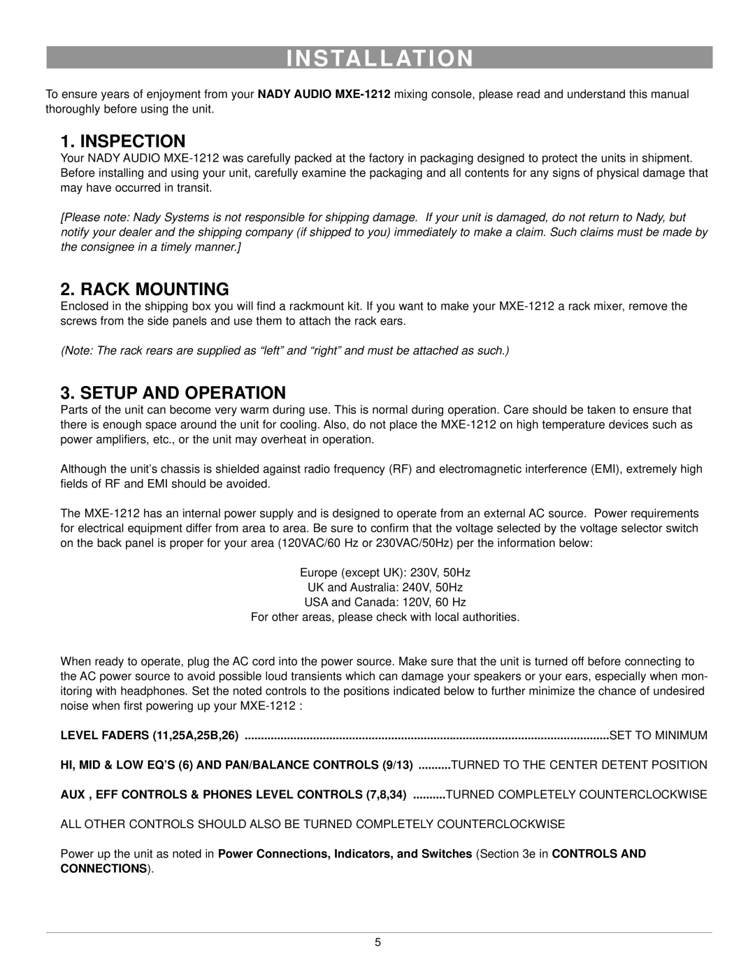 Nady Systems MXE-1212 owner manual S Ta L L At I O N, Inspection, Rack Mounting, Setup and Operation 