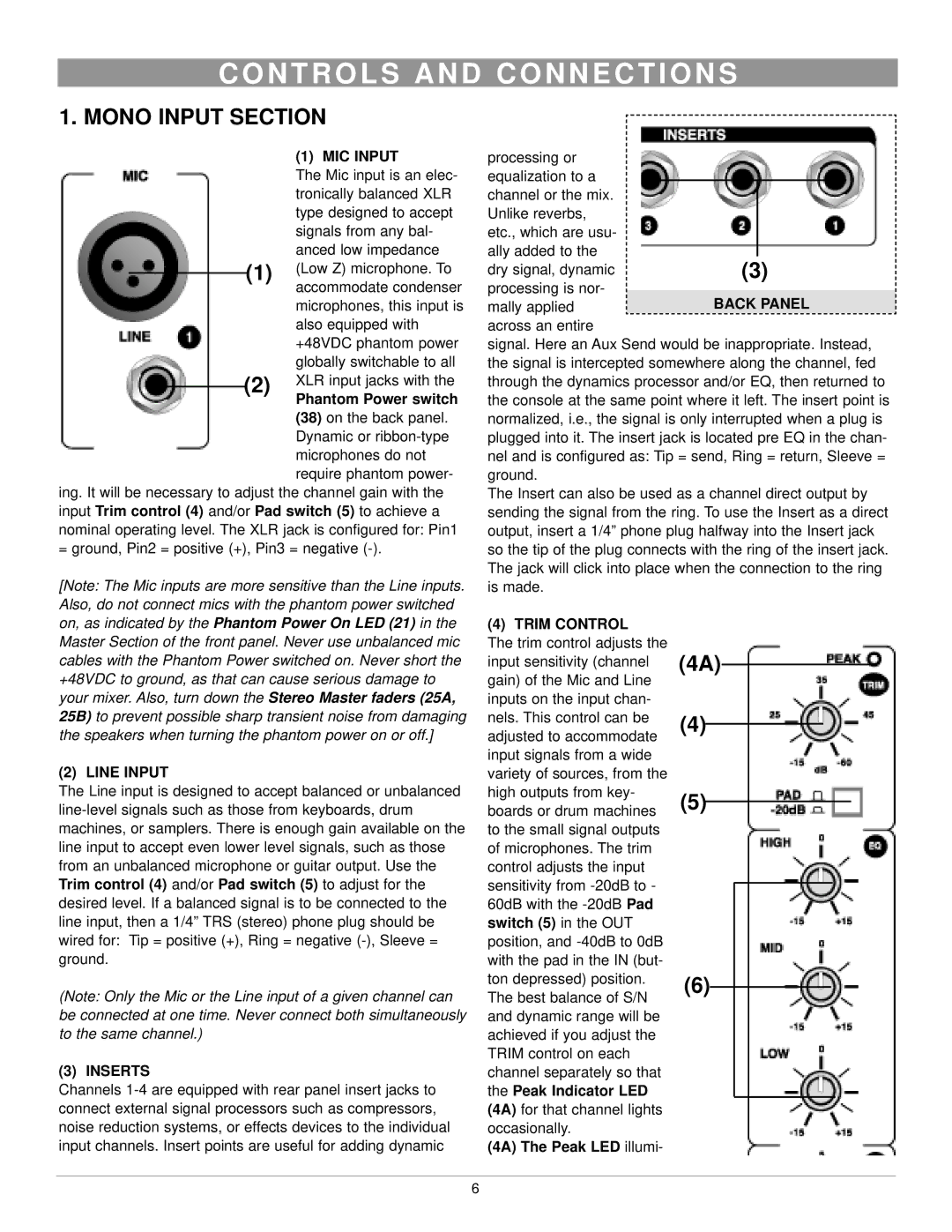 Nady Systems MXE-1212 owner manual N T R O L S a N D C O N N E C T I O N S, Mono Input Section 