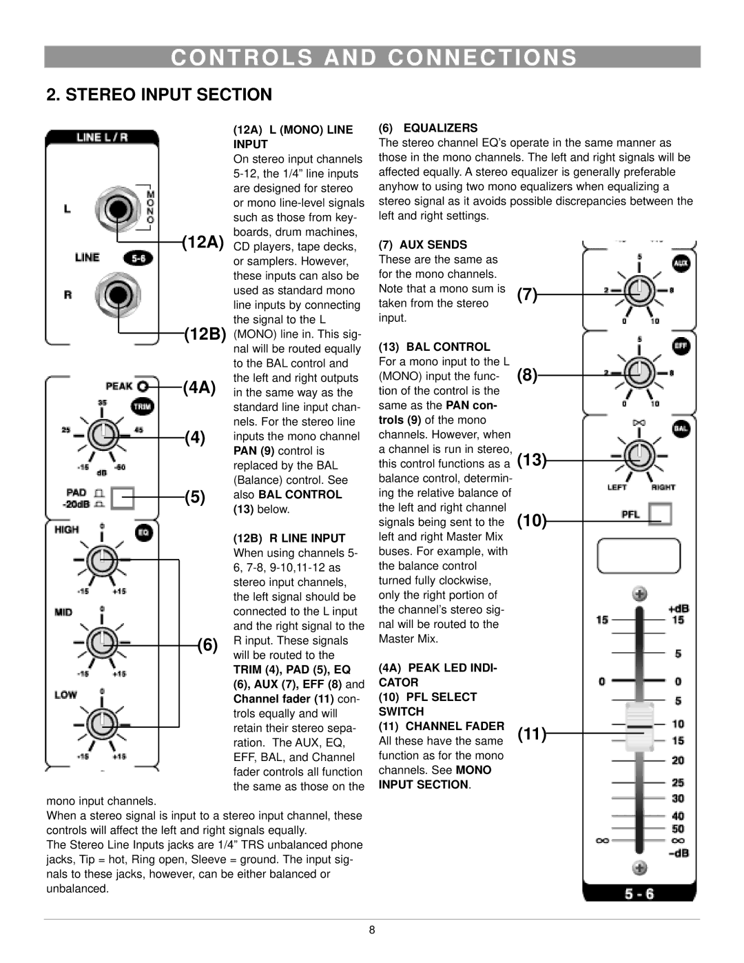 Nady Systems MXE-1212 owner manual Stereo Input Section 