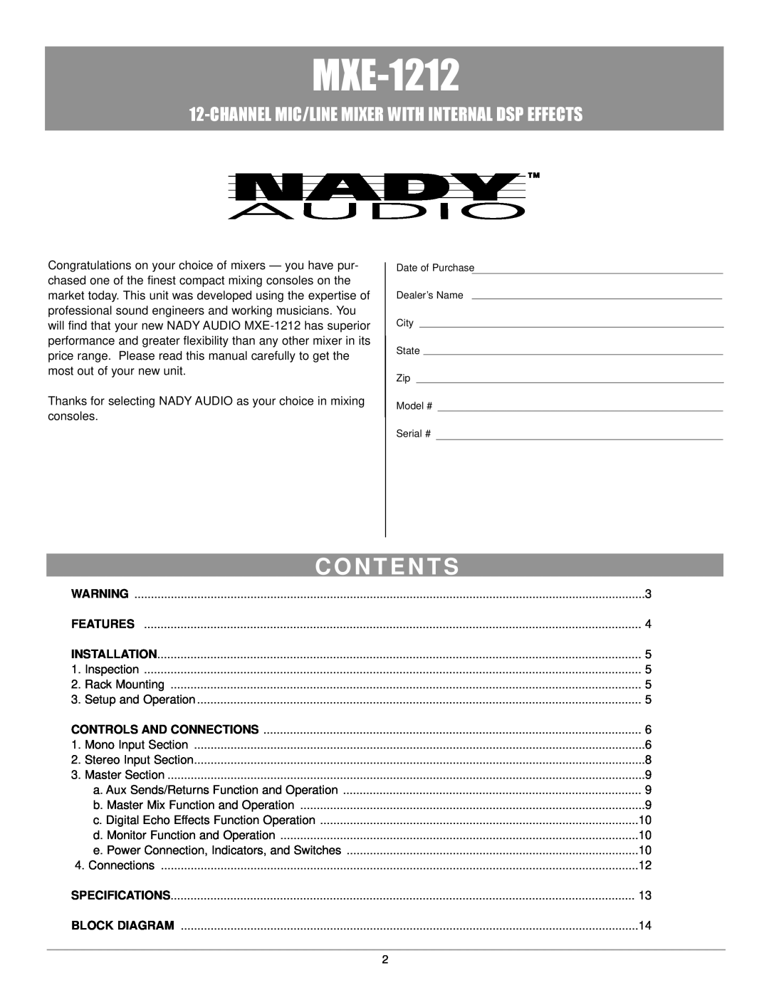 Nady Systems MXE-1212 owner manual C O N T E N T S, Channel Mic/Line Mixer With Internal Dsp Effects 