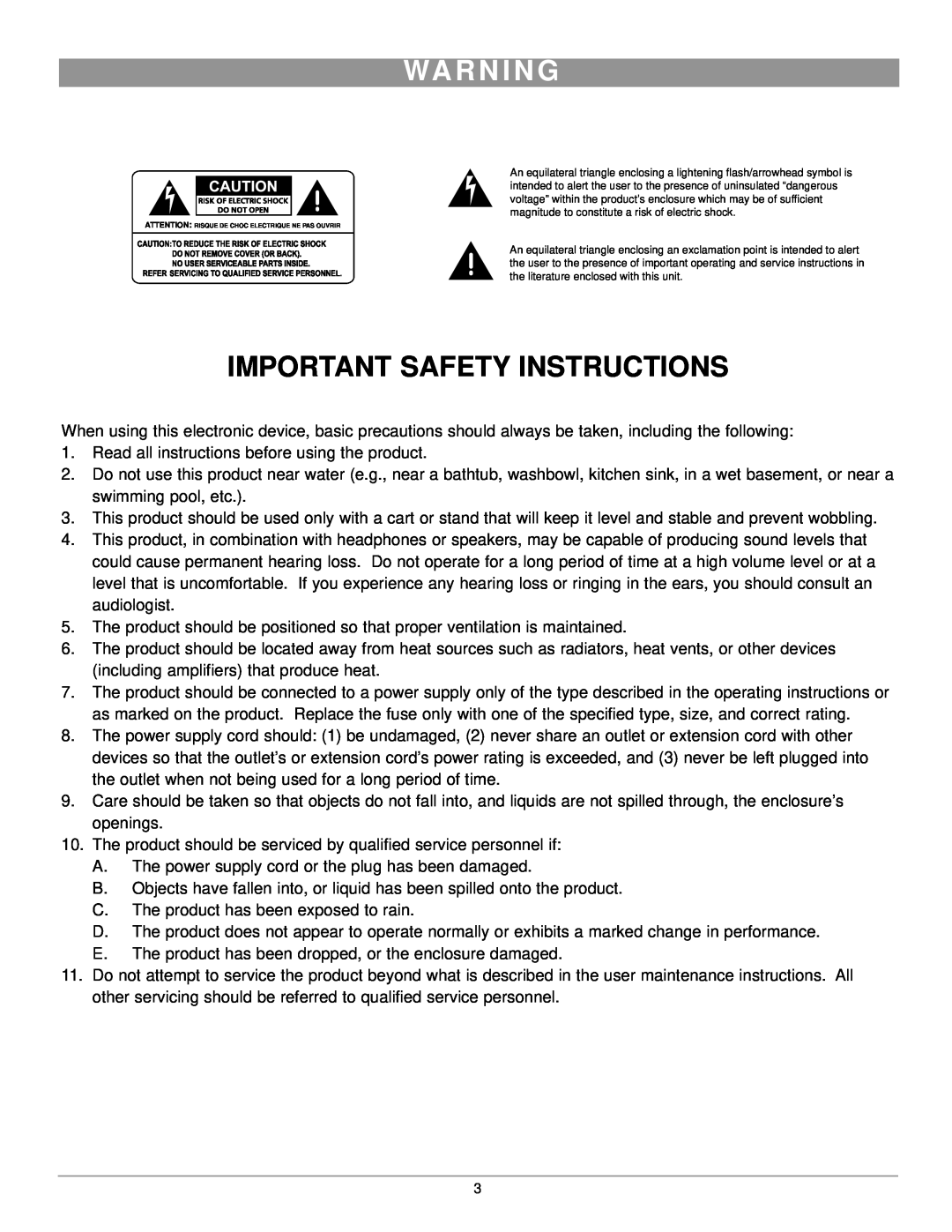 Nady Systems MXE-1212 owner manual Wa R N I N G, Important Safety Instructions 