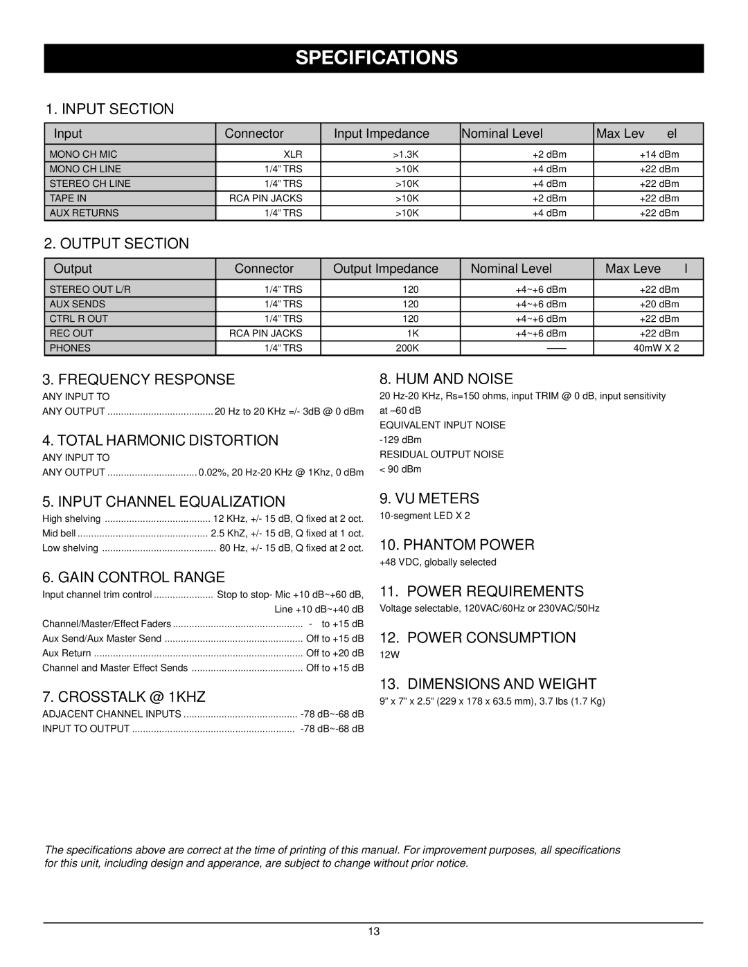 Nady Systems MXE-612 owner manual Specifications, Input Section 