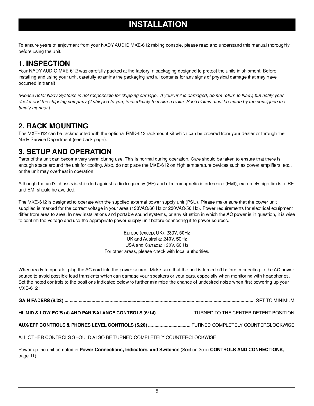 Nady Systems MXE-612 owner manual Installation, Inspection, Rack Mounting, Setup and Operation 