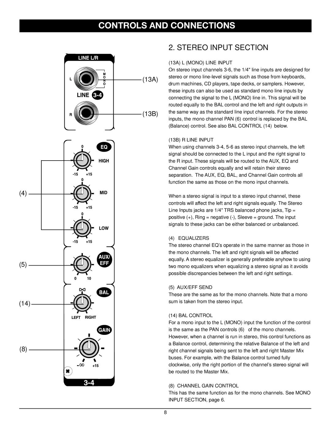 Nady Systems MXE-612 owner manual Stereo Input Section 