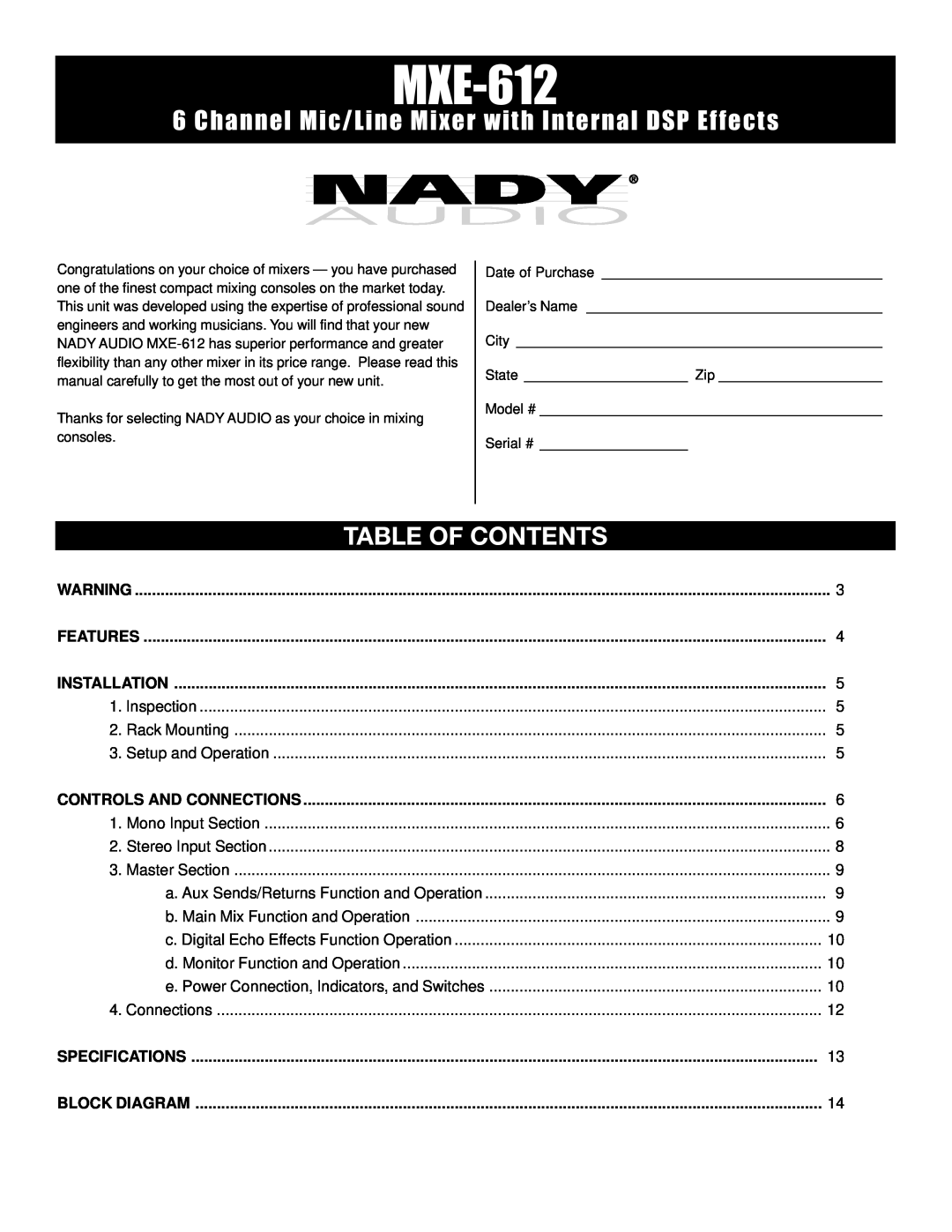 Nady Systems MXE-612 owner manual Table Of Contents 