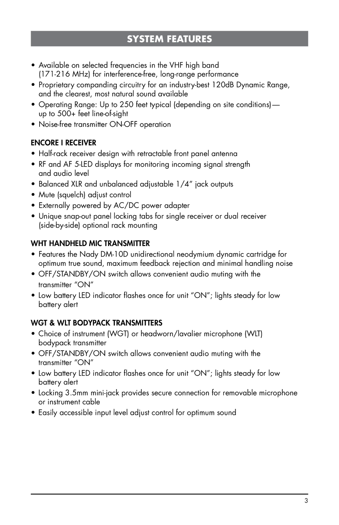 Nady Systems ENCORE1LTOH, NADYENCORE1LTOB, ENCORE1LTON, ENCORE1LTOE manual System Features, WHT Handheld MIC Transmitter 