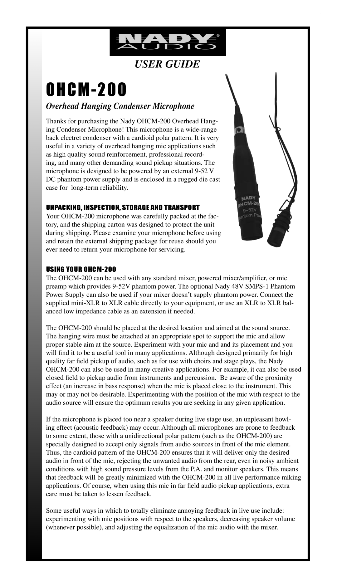 Nady Systems manual OHCM-200, Overhead Hanging Condenser Microphone, UNPACKING, INSPECTION, Storage and Transport 