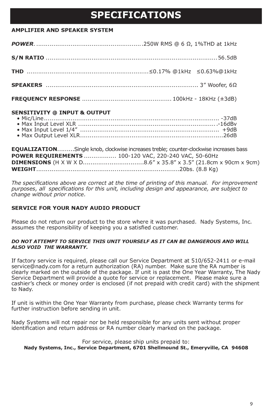 Nady Systems PAS-250 manual Specifications 