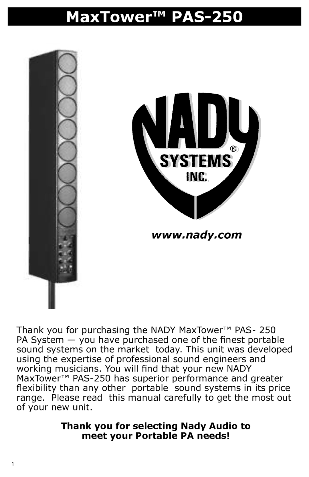 Nady Systems manual MaxTower PAS-250 