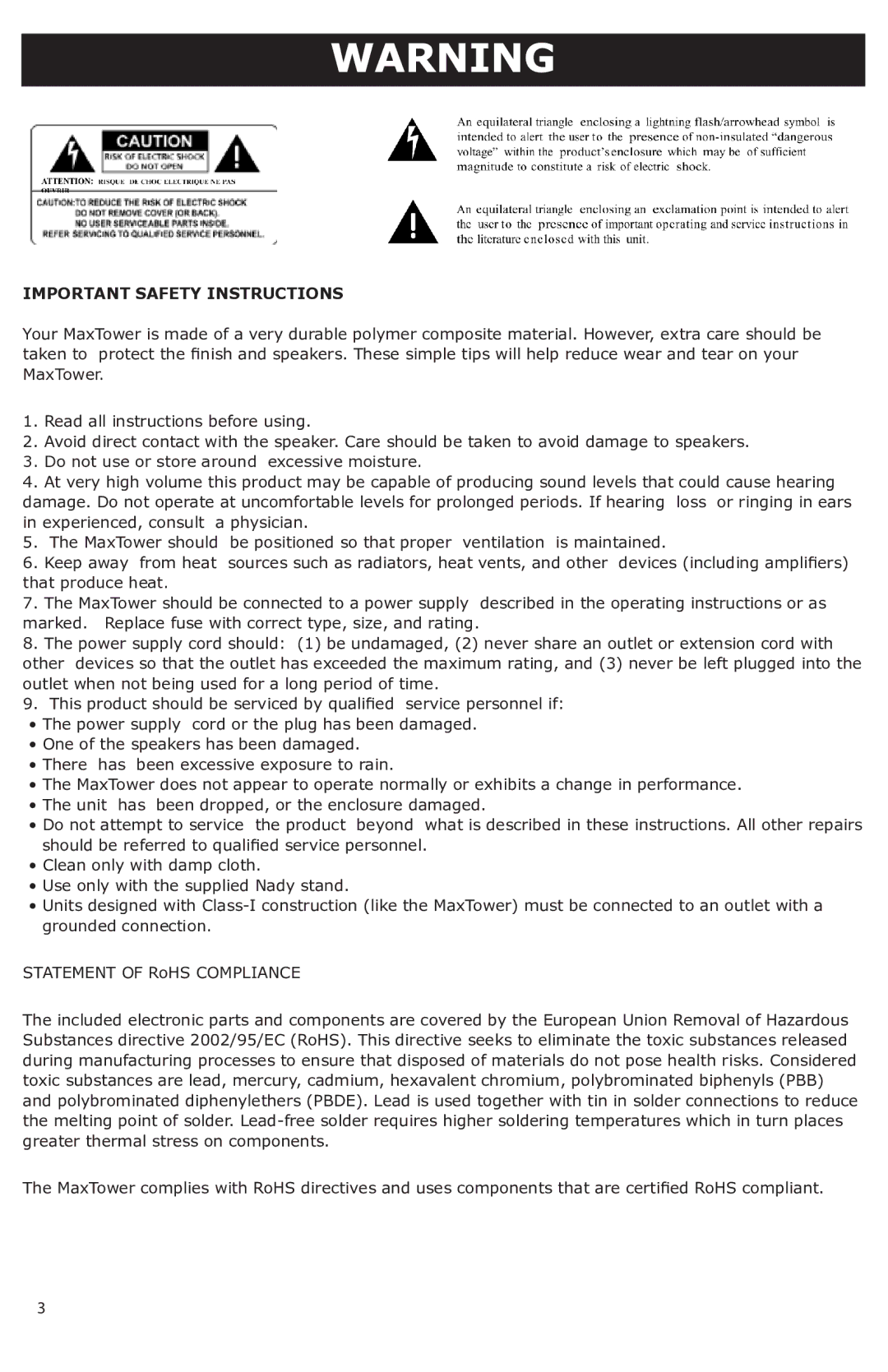 Nady Systems PAS-250 manual Important Safety Instructions 