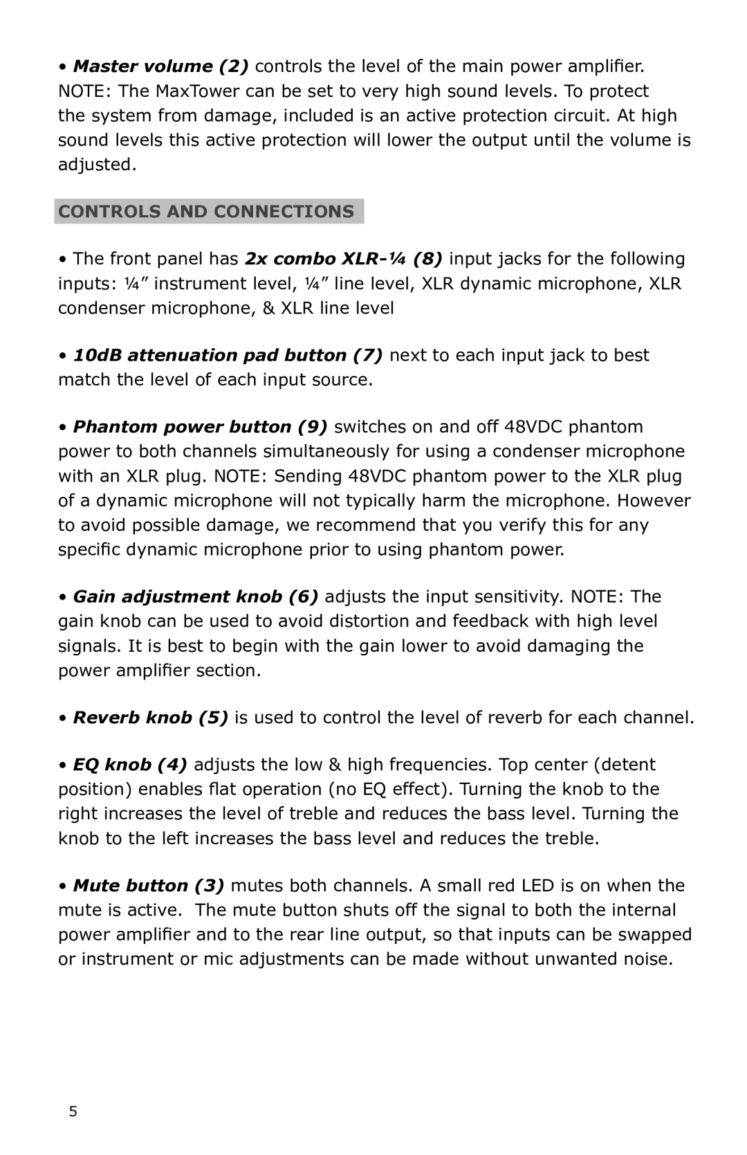 Nady Systems PAS-250 manual Controls and Connections 