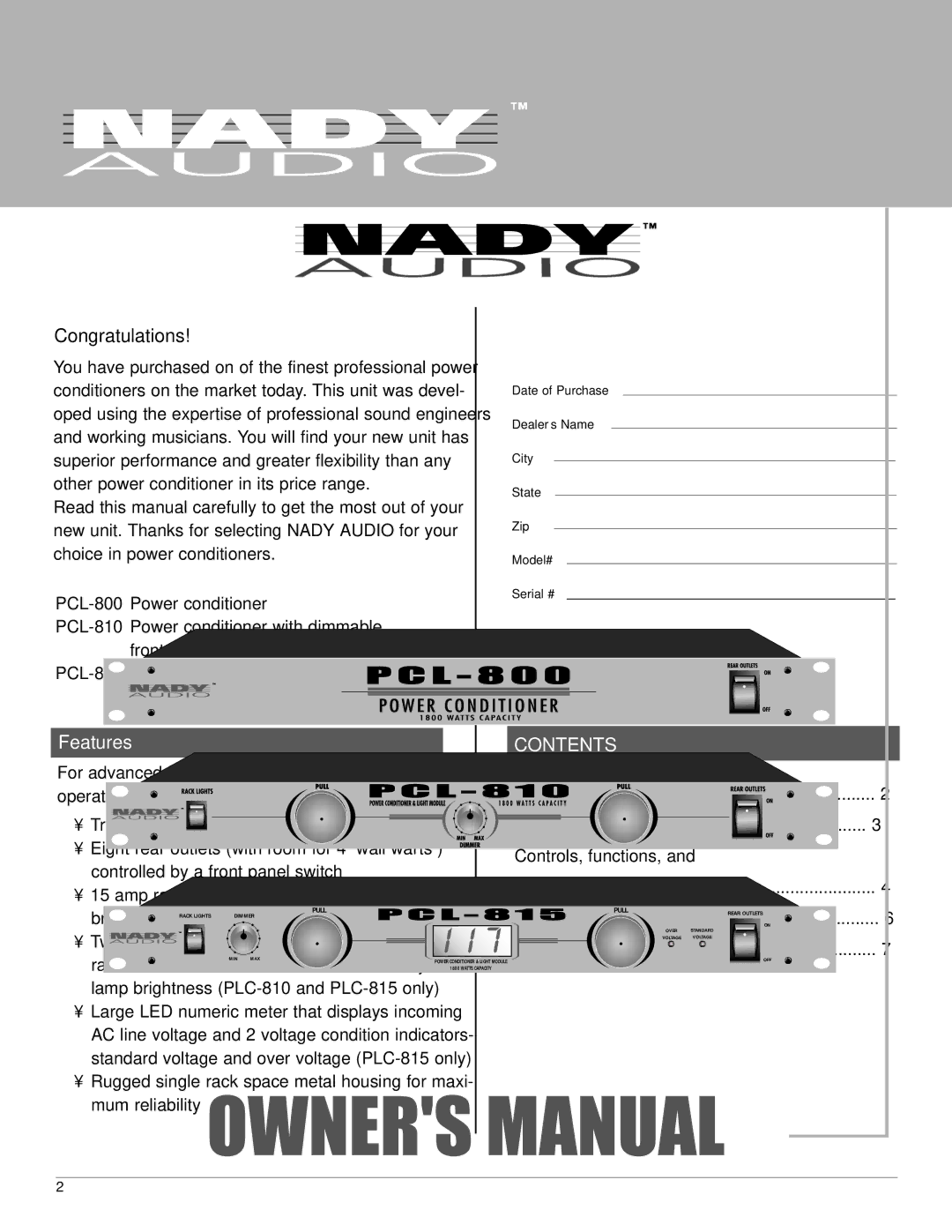 Nady Systems PCL815 manual PCL Series 