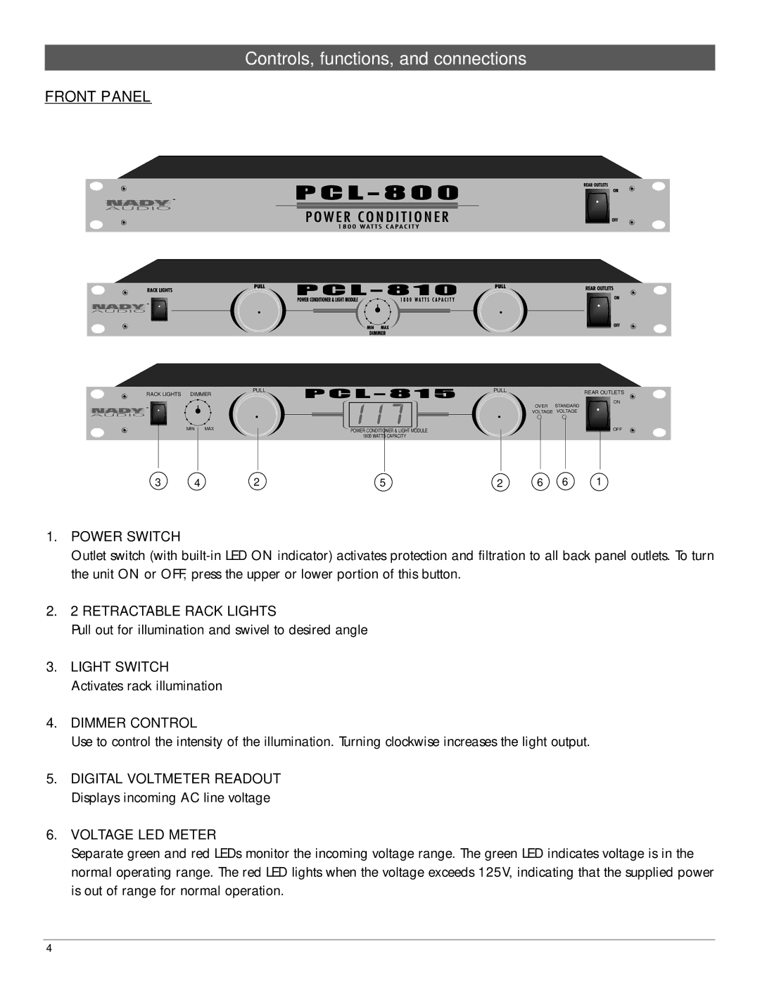 Nady Systems PCL815 manual Controls, functions, and connections, Front Panel 