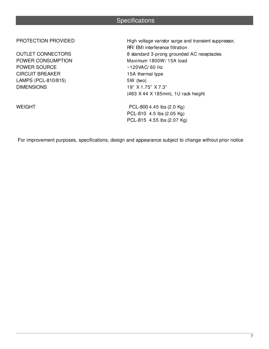 Nady Systems PCL815 manual Specifications 