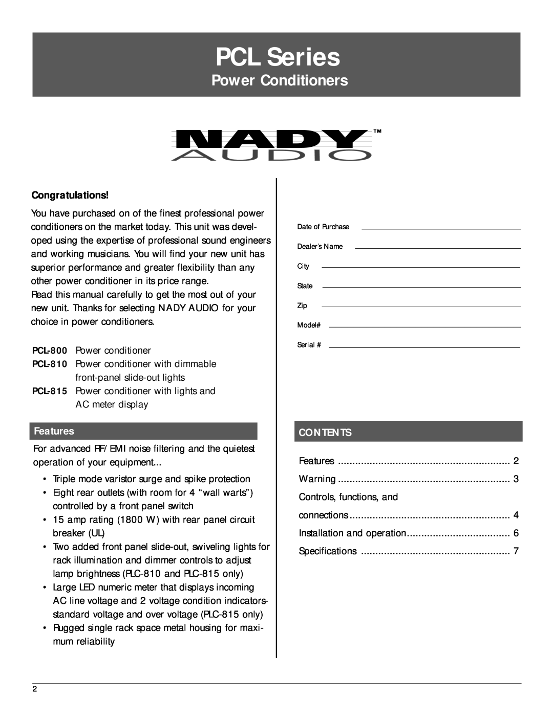 Nady Systems PCL815 manual PCL Series, Power Conditioners, Congratulations, Features, Contents 