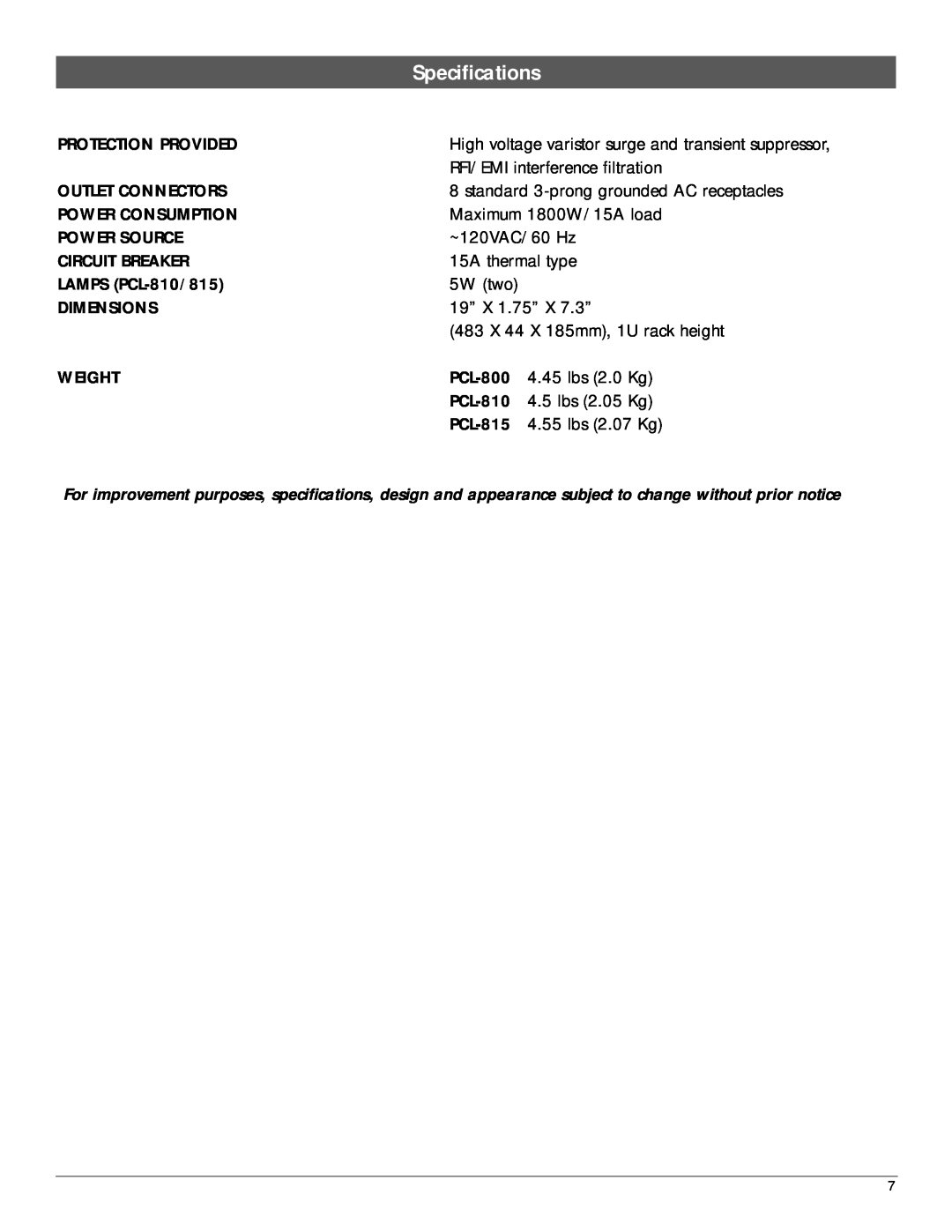 Nady Systems PCL815 manual Specifications 