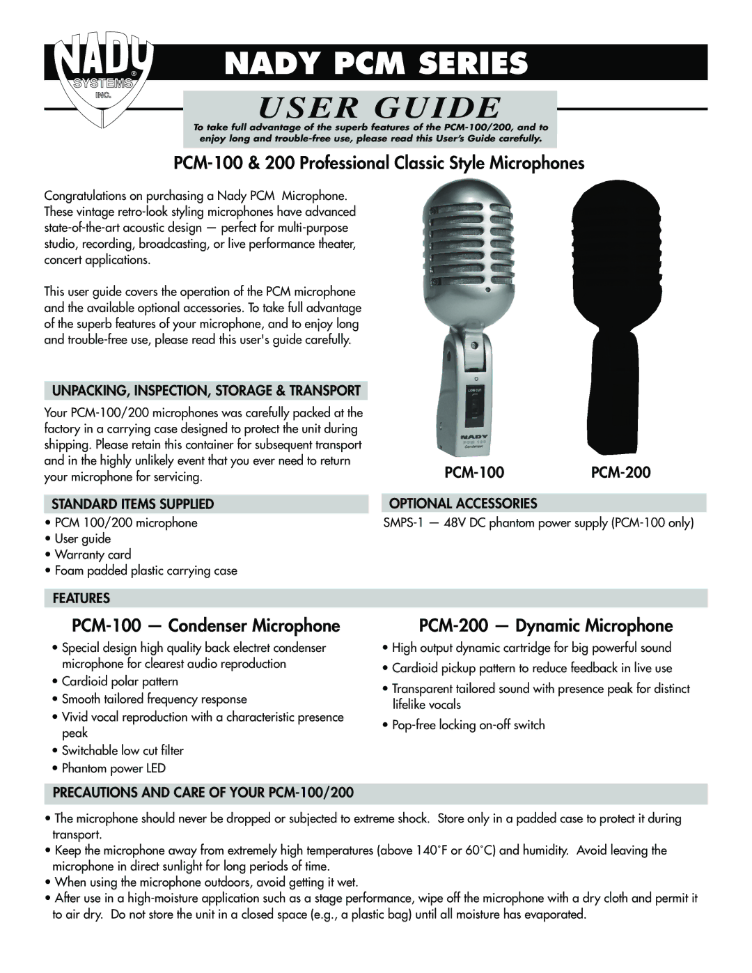 Nady Systems PCM-200 warranty PCM-100 & 200 Professional Classic Style Microphones, PCM-100 Condenser Microphone 