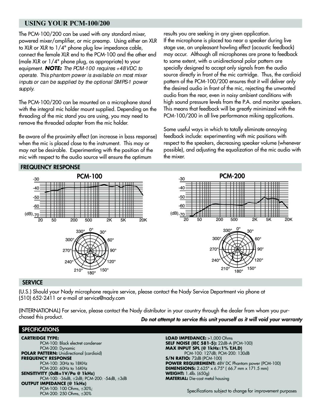 Nady Systems warranty PCM-100 PCM-200, Frequency Response, Service, Cartridge Type 