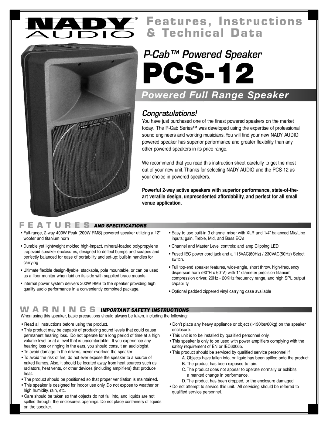 Nady Systems PCS-12 important safety instructions A T U R E S, Specifications, Important Safety Instructions 