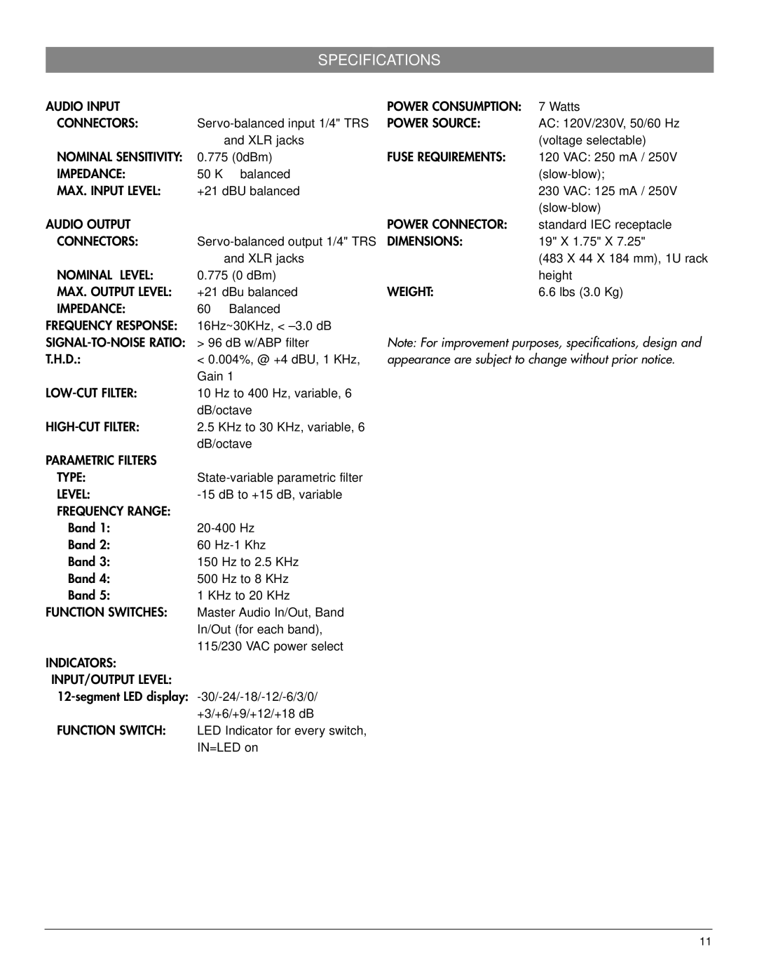 Nady Systems PEQ-5B owner manual Specifications, Appearance are subject to change without prior notice 