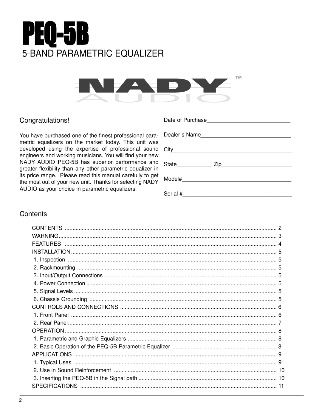 Nady Systems PEQ-5B owner manual 