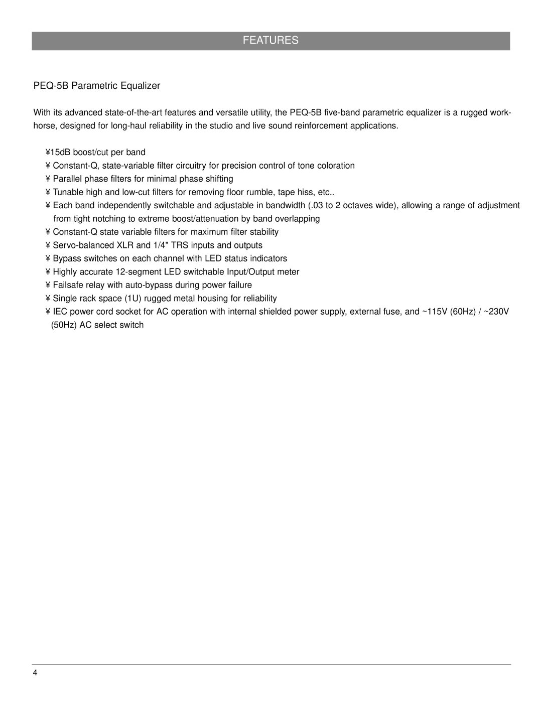 Nady Systems owner manual Features, PEQ-5B Parametric Equalizer 