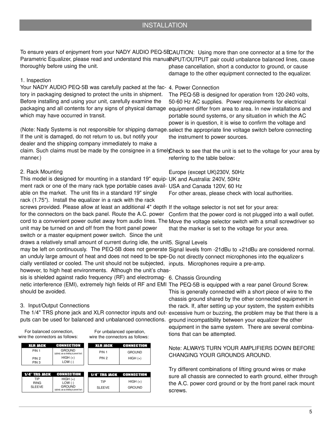 Nady Systems PEQ-5B owner manual Installation, For balanced connection Wire the connectors as follows 