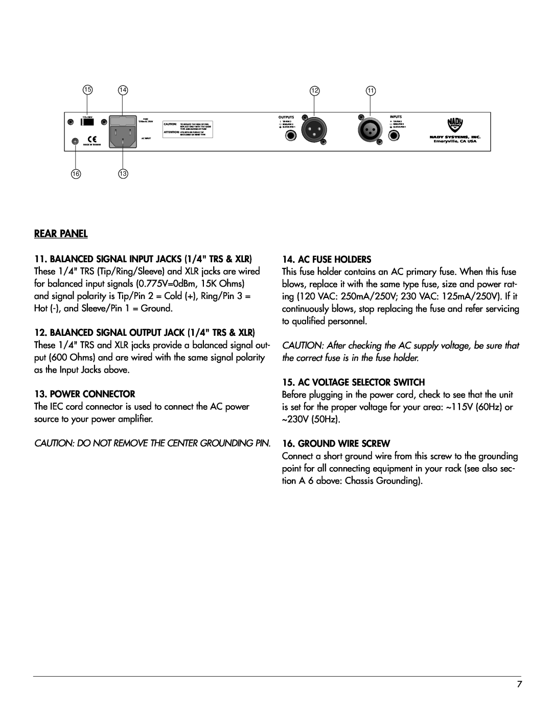 Nady Systems PEQ-5B owner manual Rear Panel 