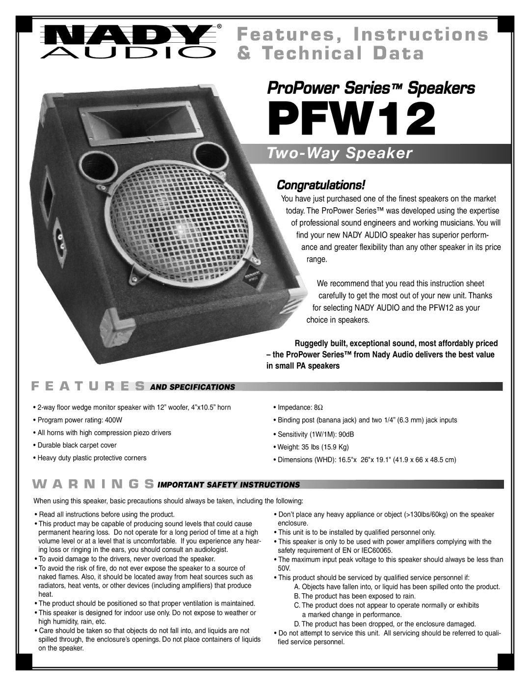 Nady Systems PFW12 important safety instructions A T U R E S 