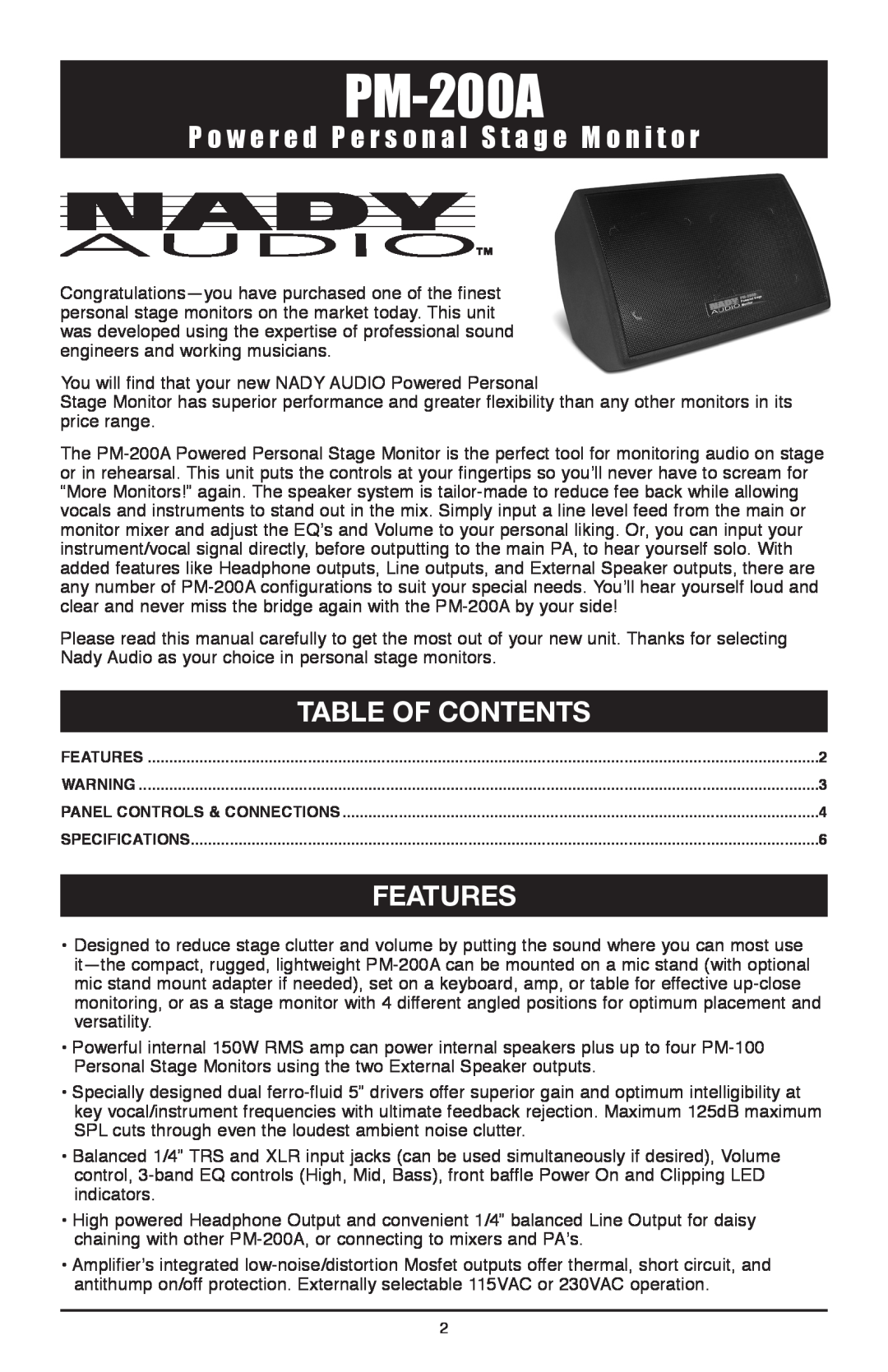Nady Systems PM-200A owner manual Table of Contents, Features 