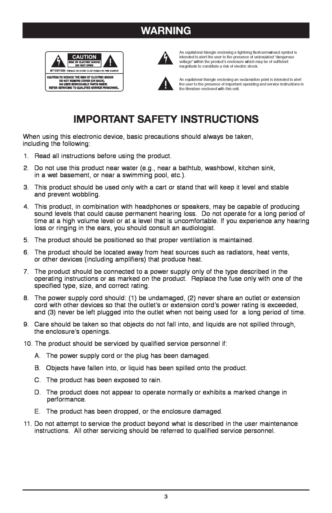 Nady Systems PM-200A owner manual Important Safety Instructions 
