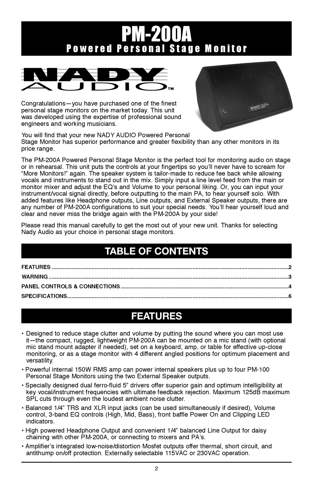 Nady Systems PM-200A owner manual Table of Contents 