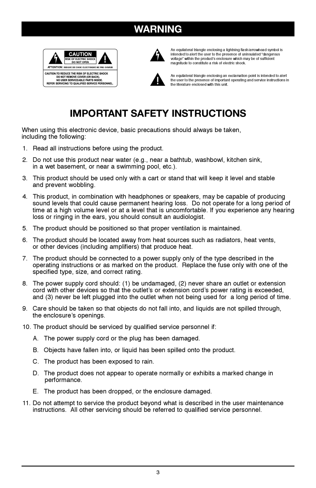 Nady Systems PM-200A owner manual Important Safety Instructions 