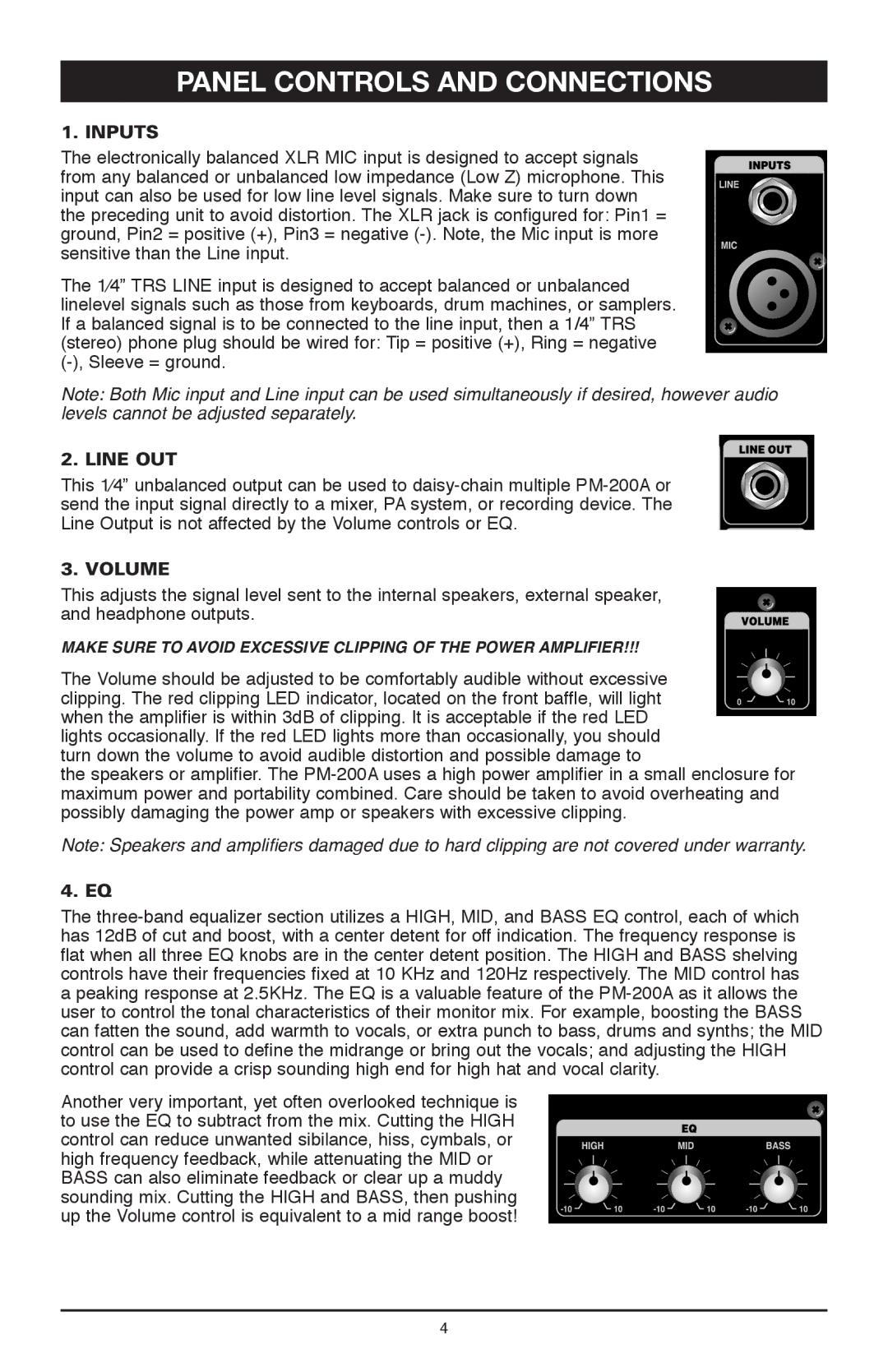 Nady Systems PM-200A owner manual Panel Controls and connections, Inputs, Line OUT, Volume 