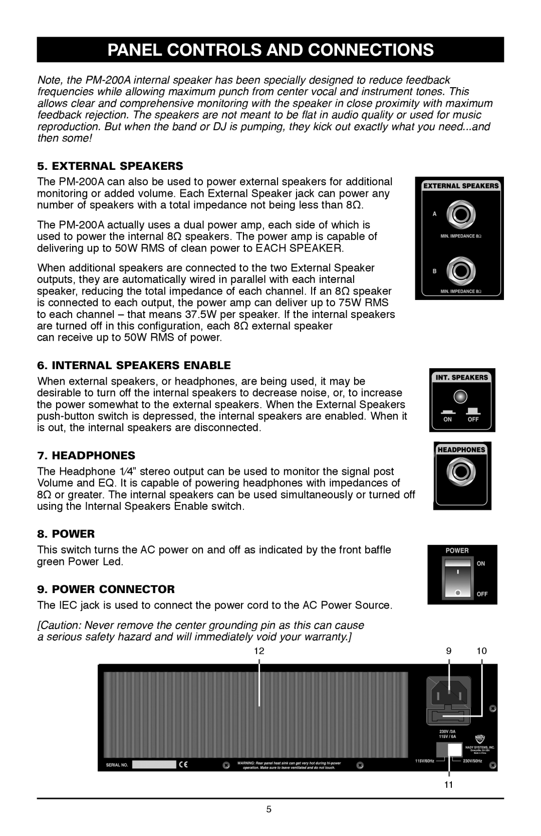 Nady Systems PM-200A owner manual External Speakers, Internal Speakers Enable, Headphones, Power Connector 