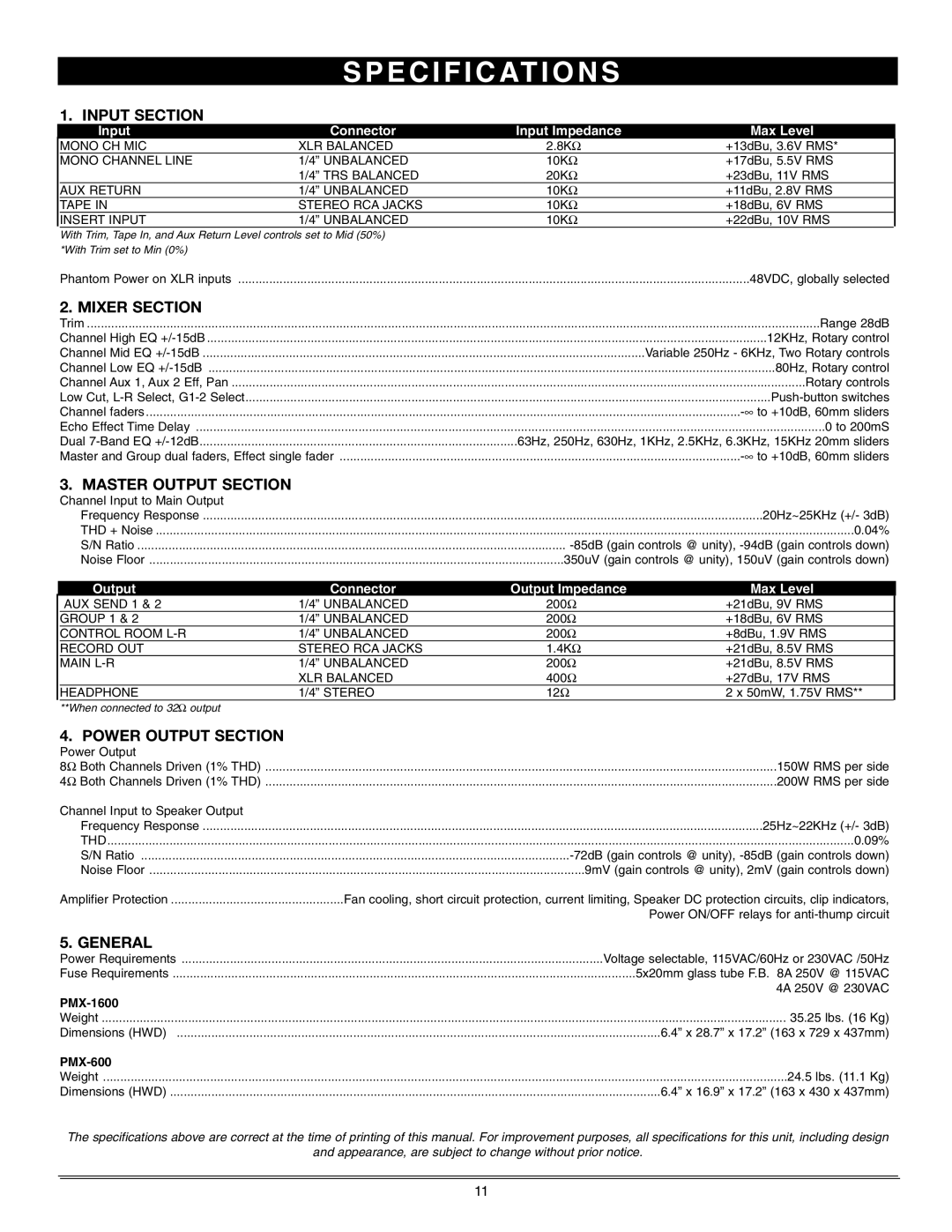 Nady Systems PMX-1600 16, PMX-600 6 owner manual E C I F I C At I O N S 