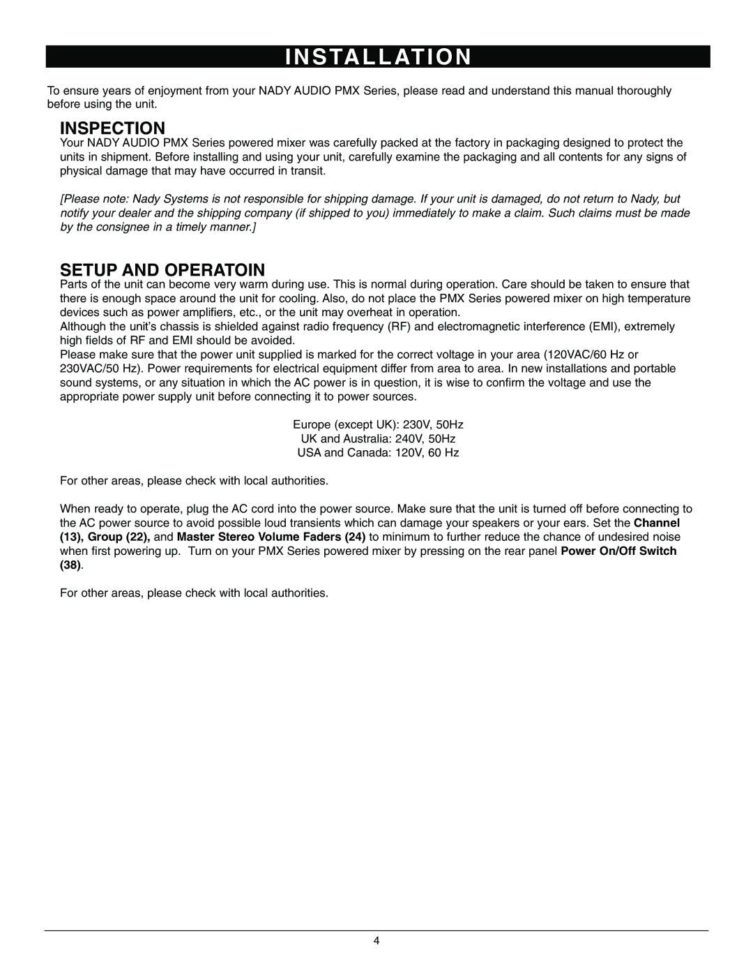 Nady Systems PMX-600 6, PMX-1600 16 owner manual S Ta L L At I O N, Inspection 